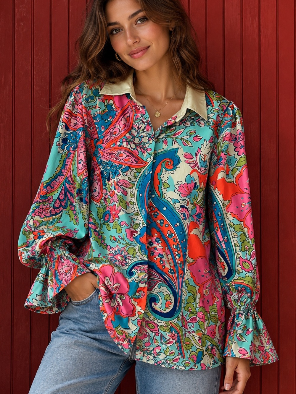 Cherry Betty Vibrant Floral Paisley Blouse in Aqua & Pink size M - Picture 1 of 9